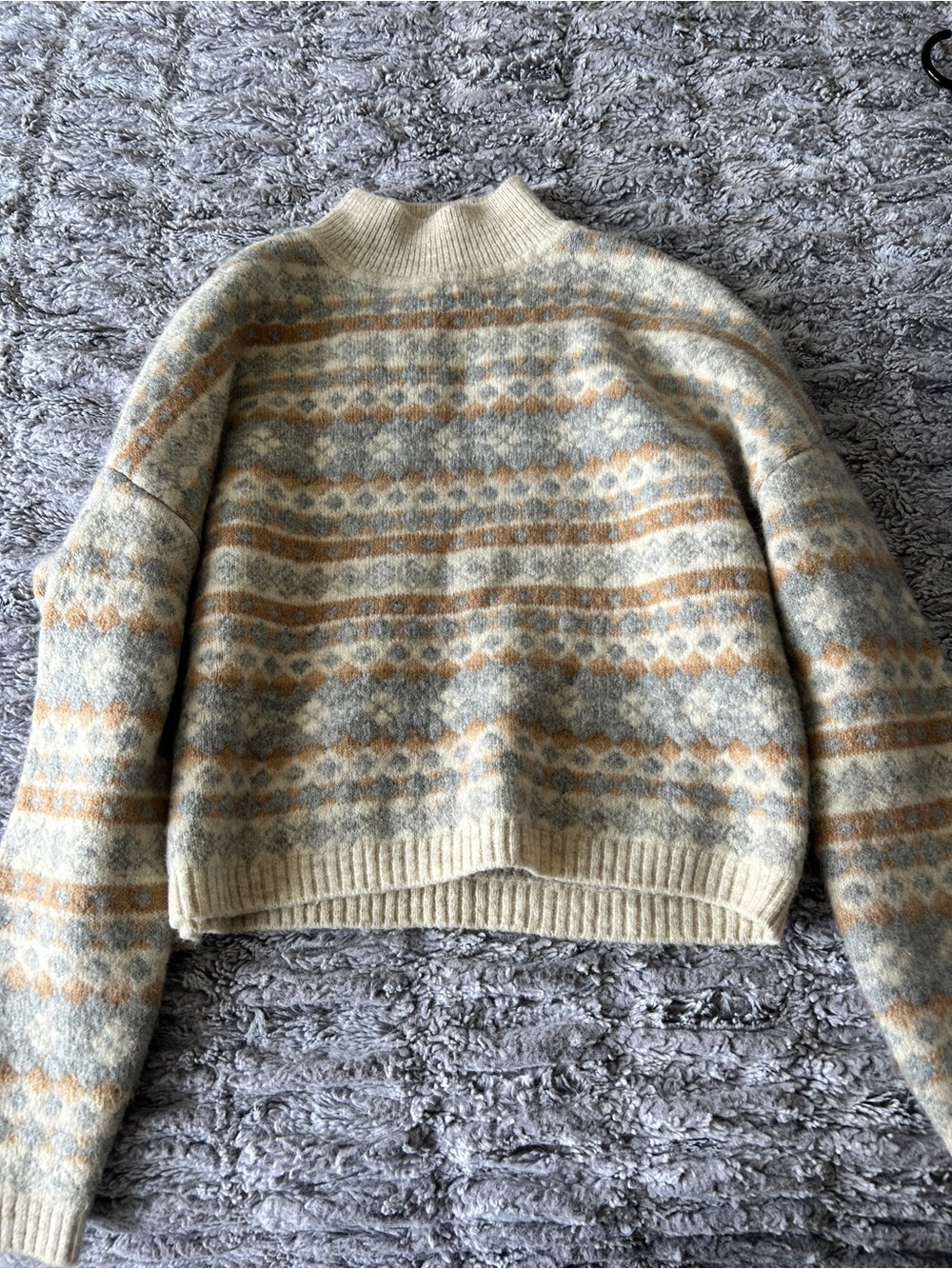 London Kaye Fair Isle Mock Neck Sweater in Cream, Light Gray & Tan